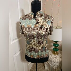 Vintage Brown, Cream, and Sage Asian style top